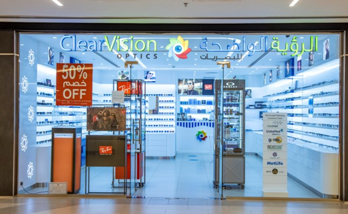 Optical store with 50% off sign displayed