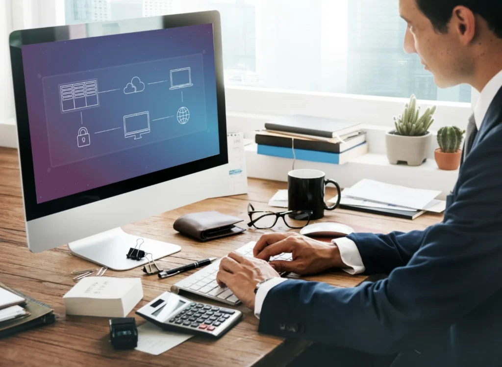 Businessman working on cloud computing diagram.