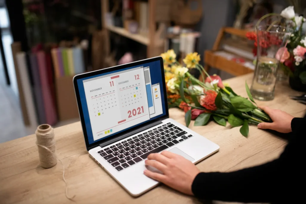 Laptop with calendar near flowers on wooden table.