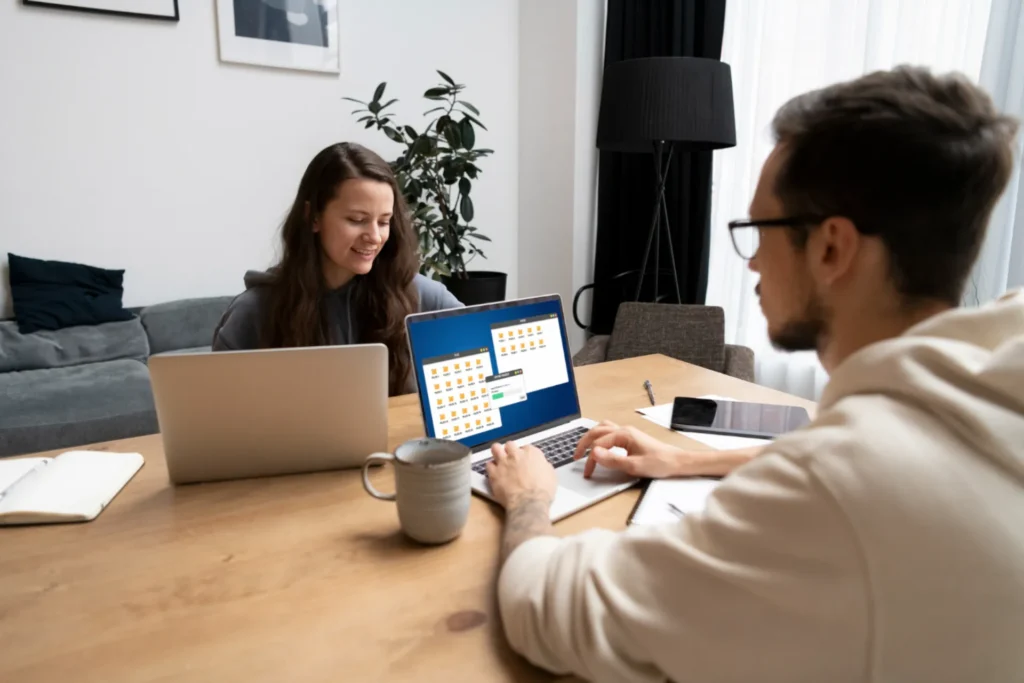 Two people working on laptops at a table.