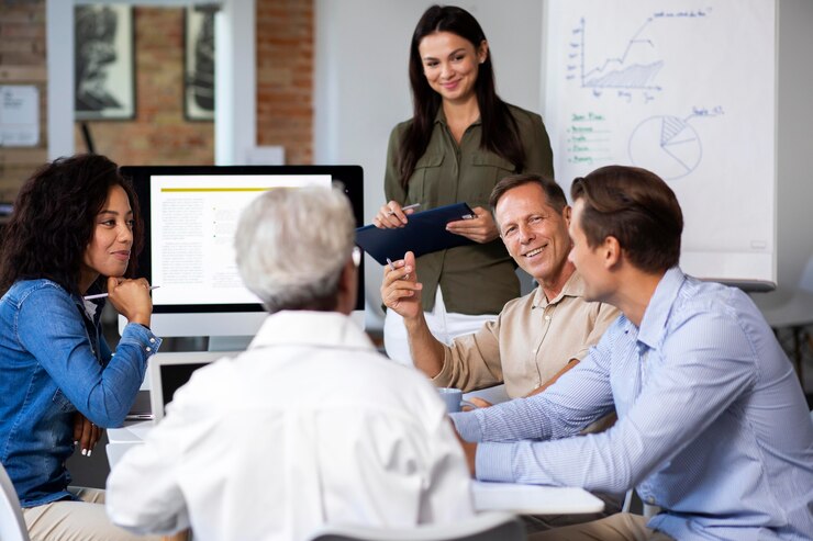 Diverse team in a business meeting discussion.